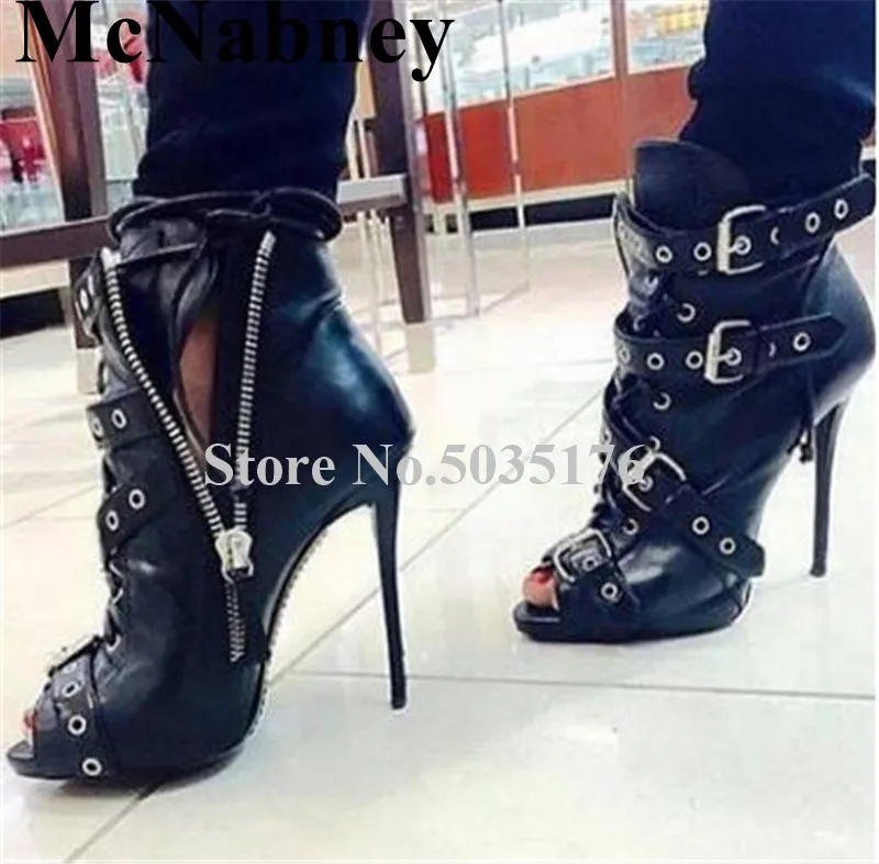 

McNabney Cross-tied Buckle Belt Ankle Women Short Boots Zip Peep Toe Stiletto Heel Lace-Up Cover Heel Spring/Autumn Women Shoes