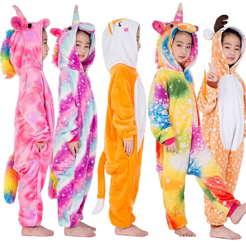 Boys Girls Animal Pajamas Cartoon Stitch Sleepwear Cosplay Children Clothes Winter Unisex Flannel Panda Unicorn Pyjamas Kids