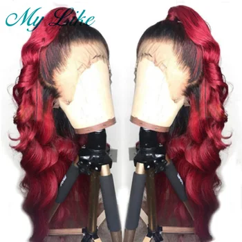 

My Like Ombre Wigs 180% Density Body Wave 360 Lace Frontal Wigs 1b Red Brazilian Remy Human Hair Wigs Pre Plucked with Baby Hair