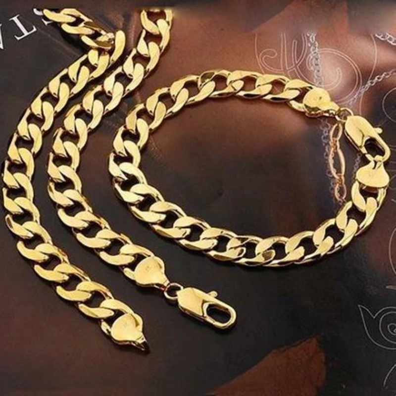 Massive Solid Yow Gold Filled Men's Necklace+Bracelet Set Cuban Chain