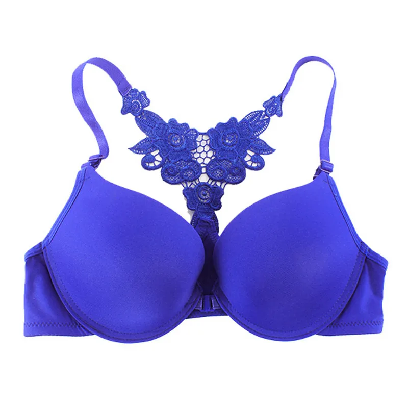 Women Sexy Front Closure Lace Bras Racer Back Push Up Seamless Bra Intimates 32 34 36 Full B Cups - Цвет: Blu