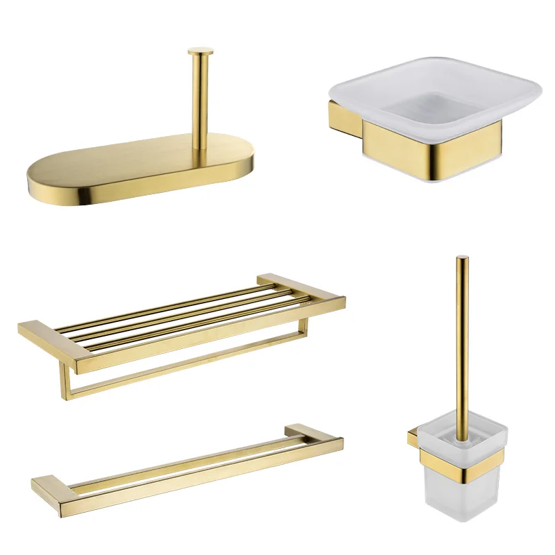 

Bathroom Accessories Brushed Gold Toothbrush Holder Metal Wall Toilet Roll Paper Holder SUS304 Stainless Steel Bath Set Hooks