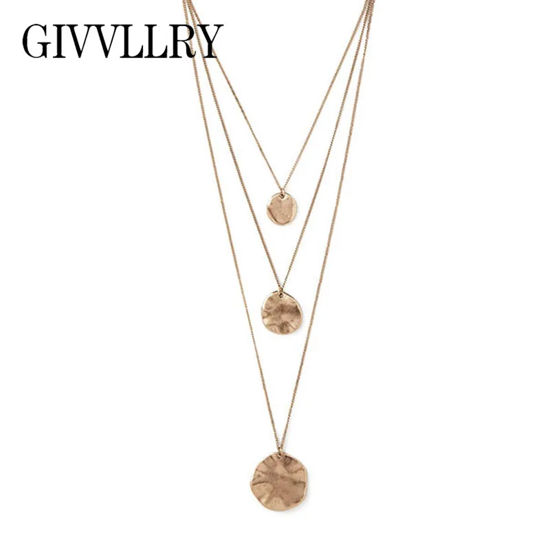 

GIVVLLRY Bohemian 3 Layers Chain Necklaces Multilayers Jewelry Minimalist Gold Silver Color Irregular Round Pendants Necklaces