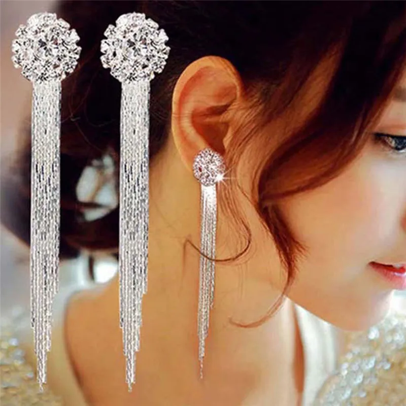 

BOAKO Silver Color Crystal Tassel Earrings for Women Bar Long Dangle Drop Earing 2018 Fashion Female Wedding Jewelry Gift X7-M2