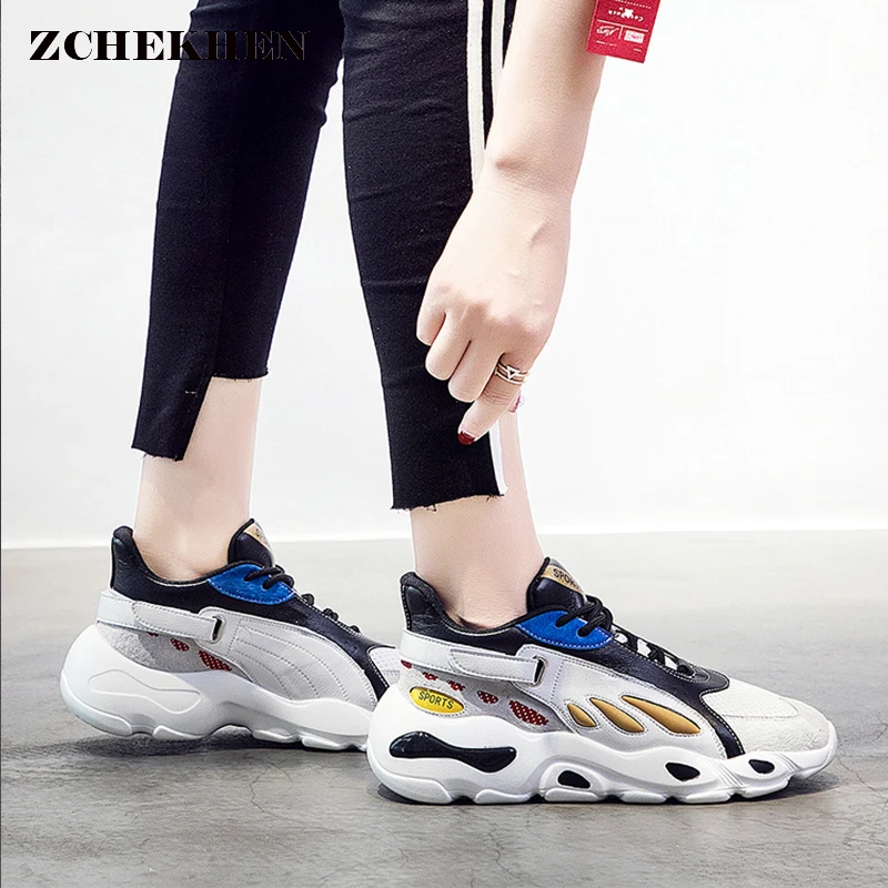 

Genuine Leather Mesh Women's Platform Chunky Sneakers 2018 Fashion Butterfly Designer Women Flat Shoes Woman Dad Footwear
