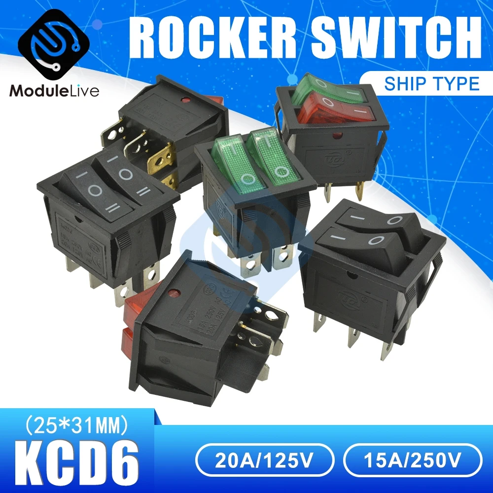 

KCD6 Rocker Switches 25*31MM 15A 250V ON-OFF-ON/ON-OFF 6Pins Feets Positions With Light Green Red Black Boat Ship Type Switch
