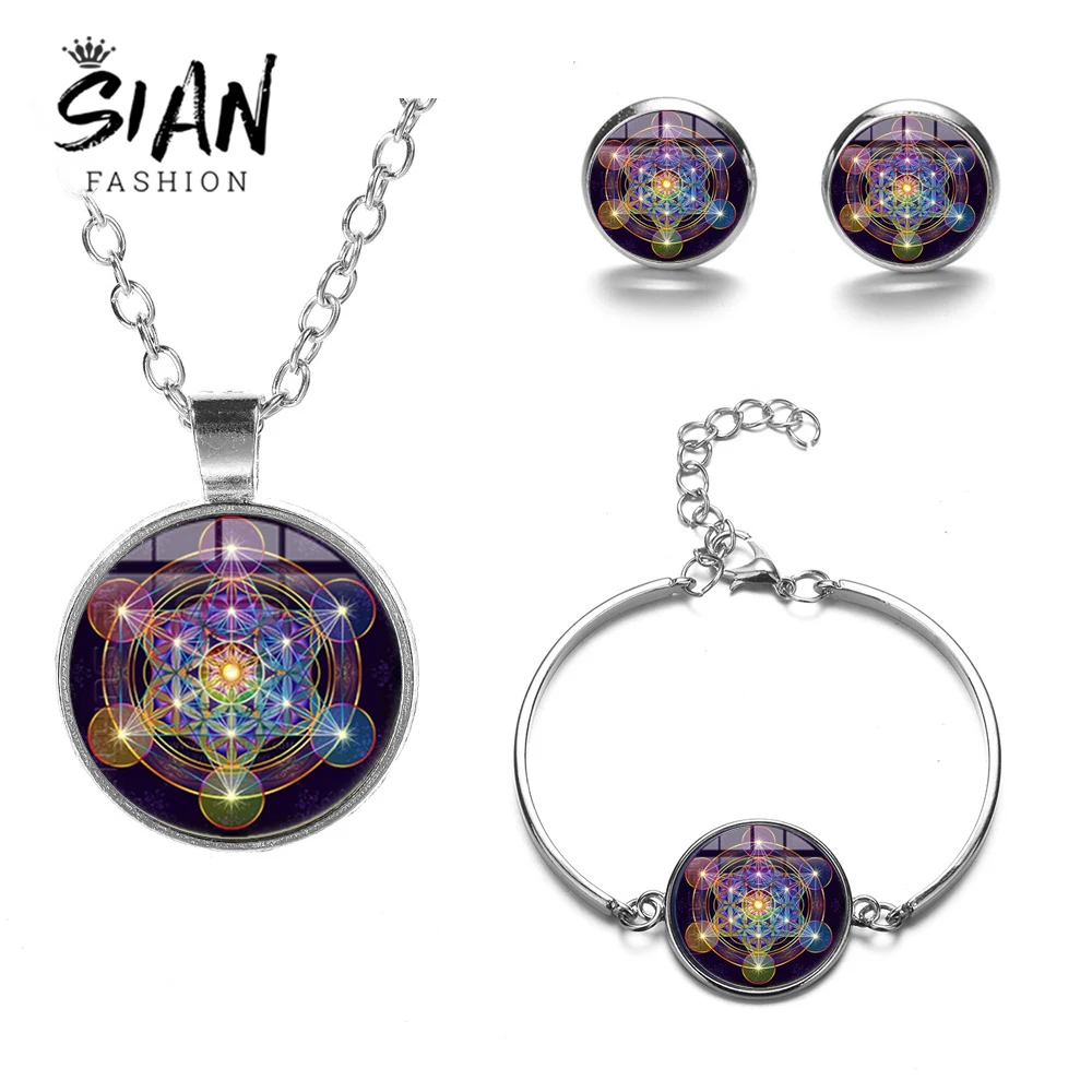

SIAN Classic Metatron Cube Jewelry Sets Sacred Geometry Flower of Life Hexagram Printed Round Pendant Necklace Earrings Bracelet