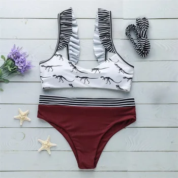 

Ruffled Frill Halter Dinosaurs Print Bikinis Sets Brazil Tassel Swimwear Retro Printed Bathing Suits Low Waist Swimsuits 2019