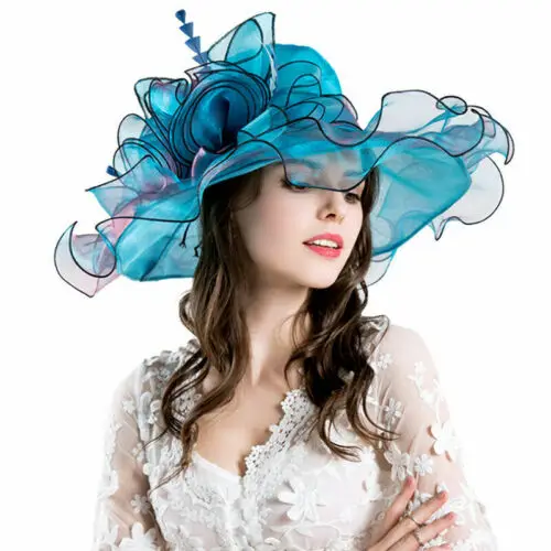 

Vintage Fedoras Hat Women Wide Brim Kentucky Derby Organza Sun Hat Wedding Party Church Summer Cap