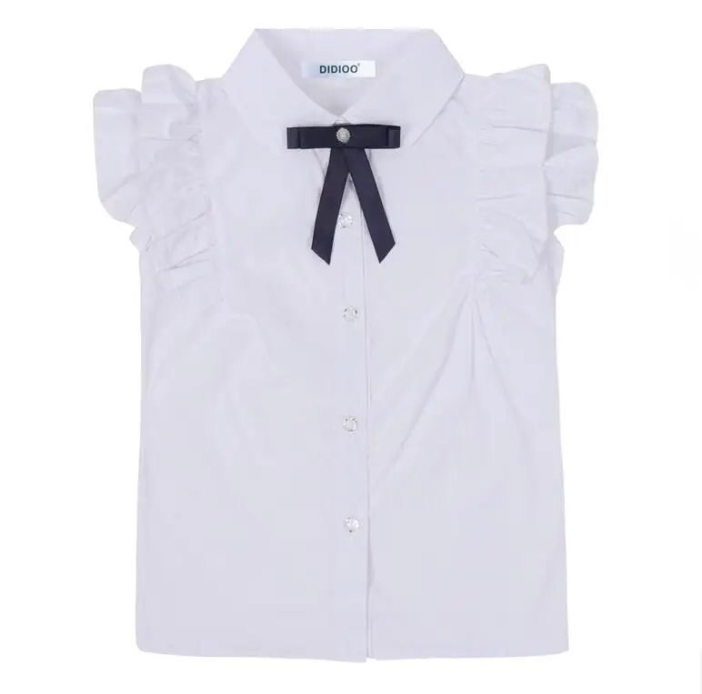 Летние белые блузки с рюшами на рукавах для девочек, школьная форма, хлопок, рубашки с отложным воротником, одежда для детей 4, 5, 7, 9, 11, 13, 14 лет - Цвет: Белый