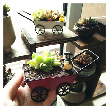 

Vintage Iron Plant Pot Home Decoration Accessories Retro Cart Model Figurines Mini Cart Miniature Desktop Props Vase Flower Pot