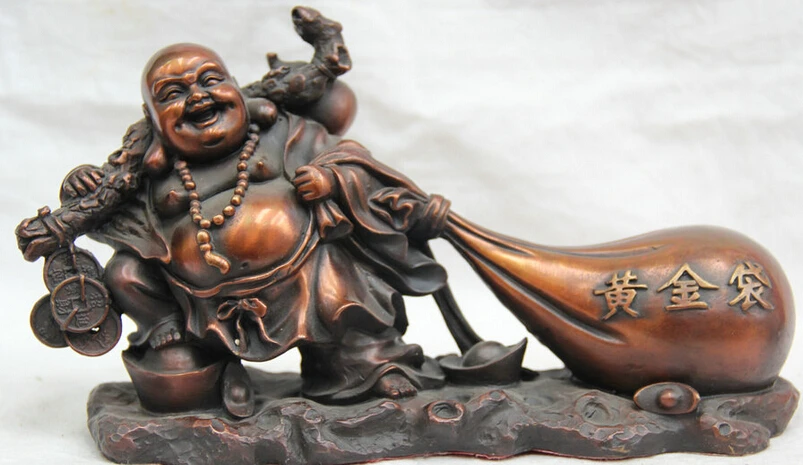 

JP S0524 10 " Chinese Buddhism Bronze Happy Laugh Maitreya Buddha Yuan Bao cash Statue