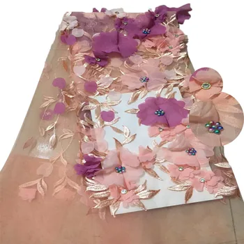 

African Embroidered 3D lace fabric with stones High quality beaded lace fabric in fashion for shining dress A508-1