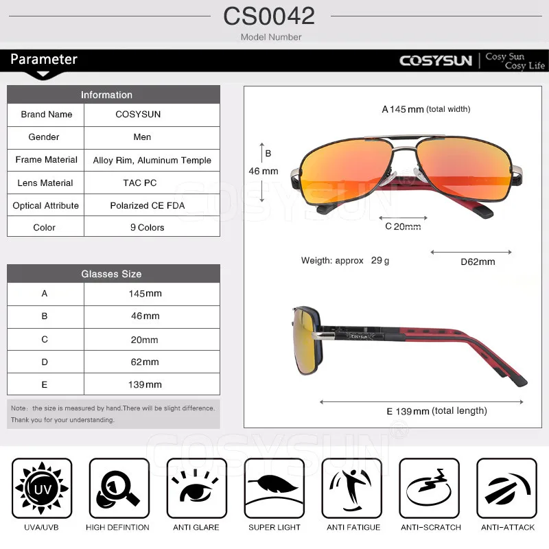 COSYSUN Брендовые мужские солнцезащитные очки HD поляризованные солнцезащитные очки мужские солнцезащитные очки водителя для мужчин очки с зеркальным покрытием oculos мужские 0042