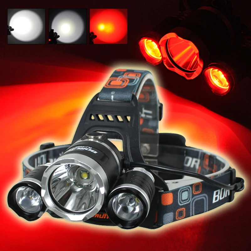 BORUIT 6000LM 3x XML T6 + 2R5 красный светодиодный налобный фонарь 2X18650 аккумулятор USB