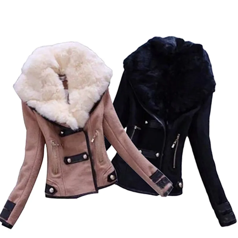 

Fashion Women Slim Warm Artificial Fur Collar Short Winter Coat Jacket Outwear