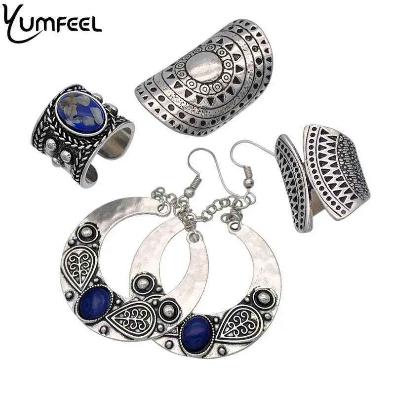 

Yumfeel New Vintage Jewelry Metal with Blue Synthetic Stone Ring Earring Jewelry Sets for Woman pendientes mujer moda Gifts