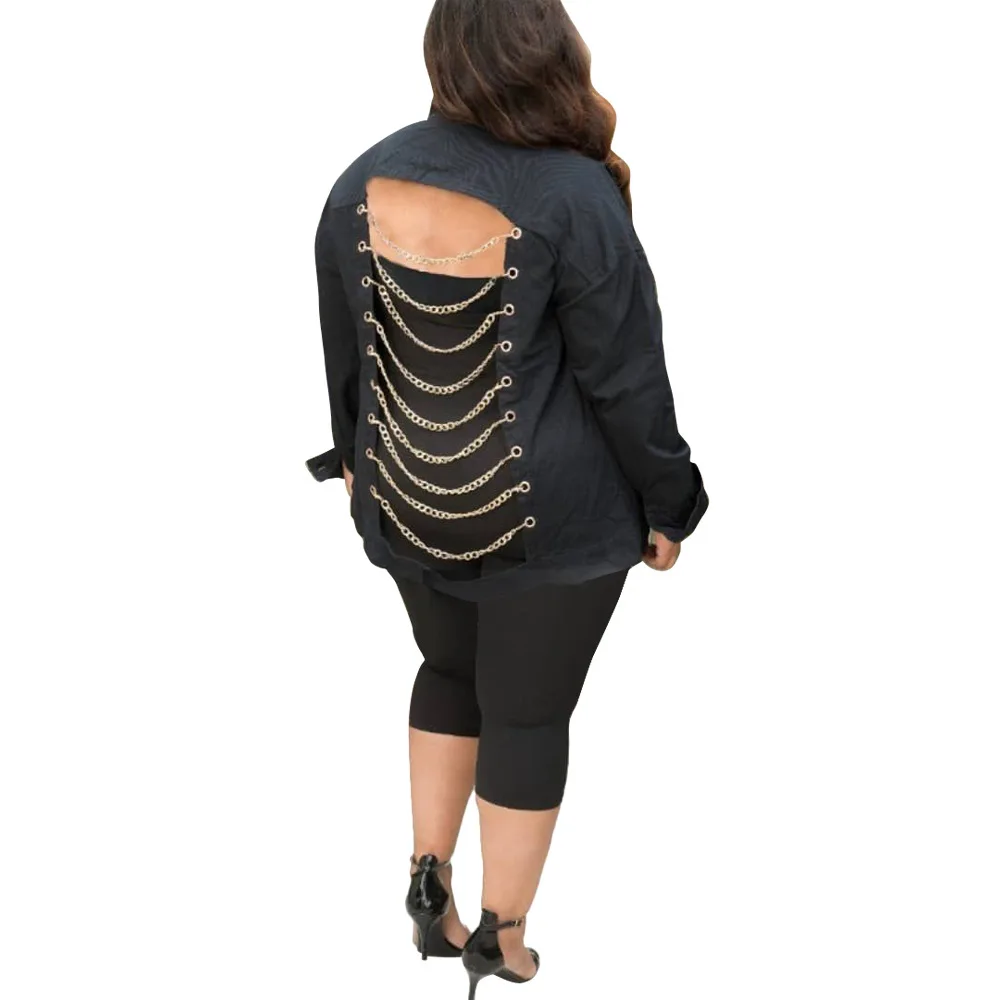 

women 2019 long sleeve turn-down collar lace up beading hollow out button sexy demin jackets fashion top coat plus size YT3069