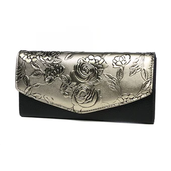 Высокое качество цветочный кошелек женский длинный дизайн леди накладка клатч кошелек из натуральной кожи женский держатель для карт кошельки Портмоне - Цвет: Золотой