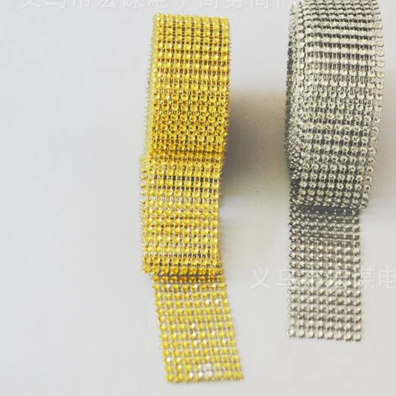 

New 2meter 8 rows anti-drill mesh Wrap ribbon silver Rhinestone Mesh Roll Tape Tulle Crystal Ribbon cake wedding decoration