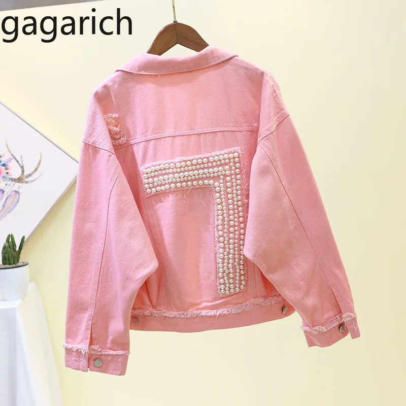 

Gagarich Vintage Jean Jacket With Pearls Beading 2019 Spring Long Sleeve Pockets Loose Denim Jacket Casual Female Outwear Coat