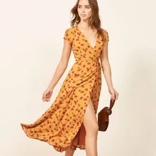 2019 Vintage Printing Summer Dress Women Yellow Casual Personality V-neck Dresses Tether Hem Asymmetrical Long Dress Women deep v neck asymmetrical hem dress