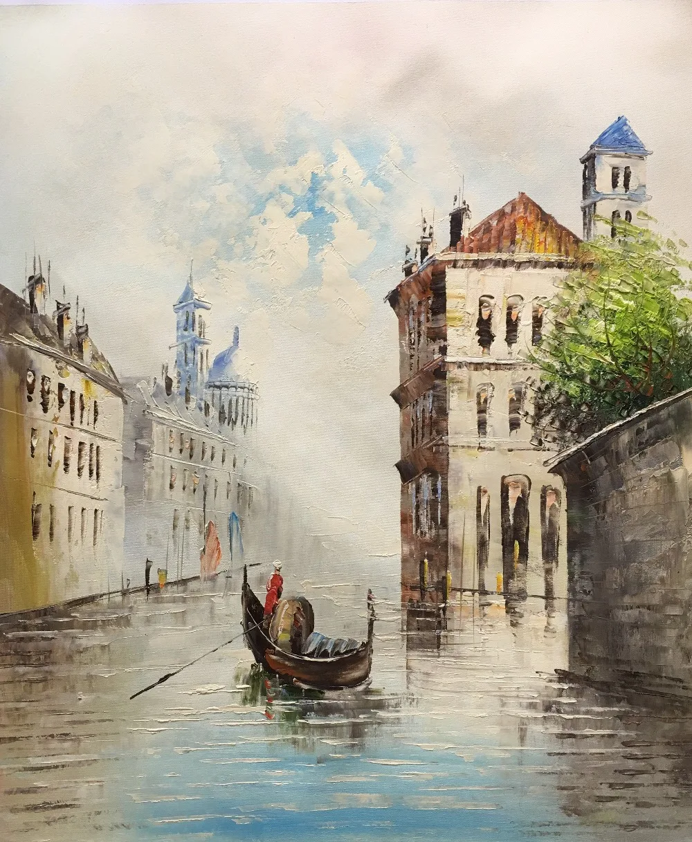 Hand Painted European Style Oil Painting on Canvas Abstract Water City