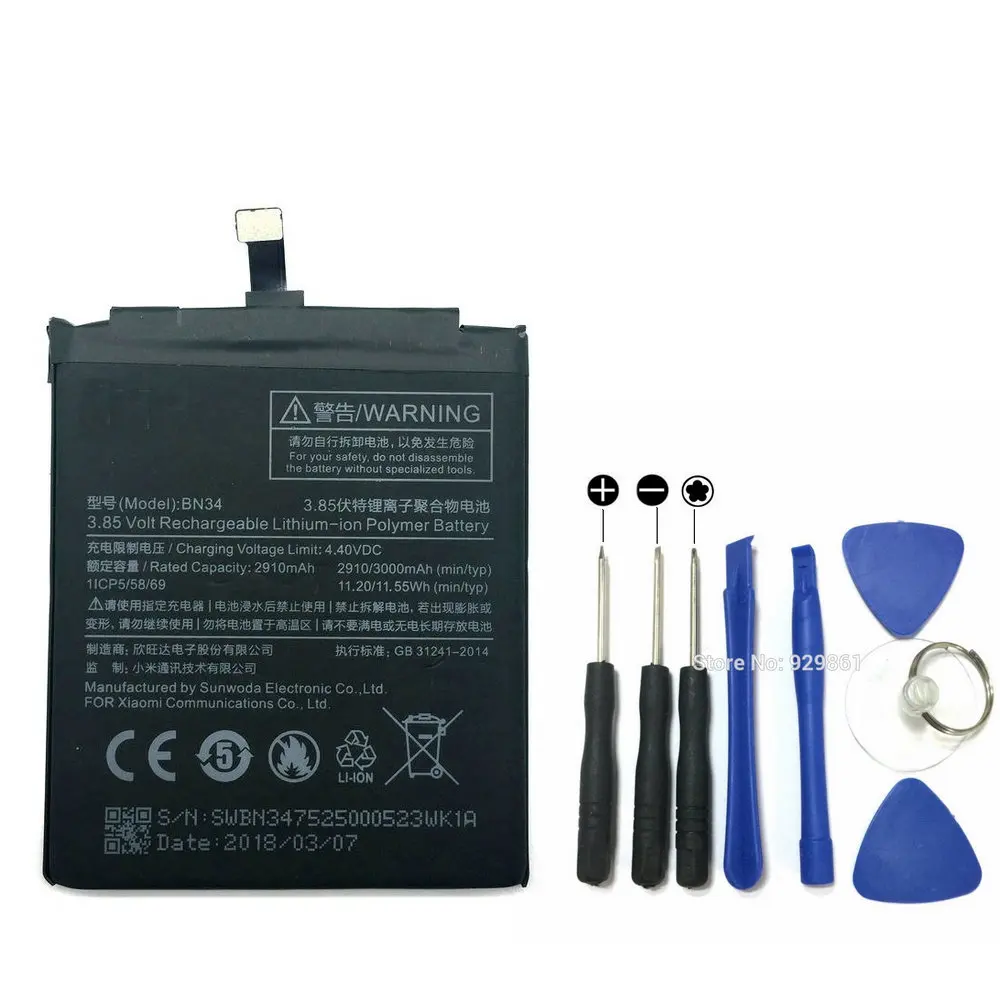 

New Original Real 2910mAh BN34 Battery + Screwdriver Tools Replacement For Xiaomi Redmi 5A 5.0" Phone + Tracking Number