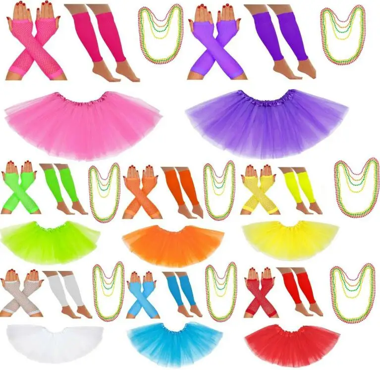 

RED WHITE NEON GREEN BLUE TUTU SKIRT T SHIRT GLOVES LEGWARMER 1980S 80S FANCY COSTUME HEN PARTY