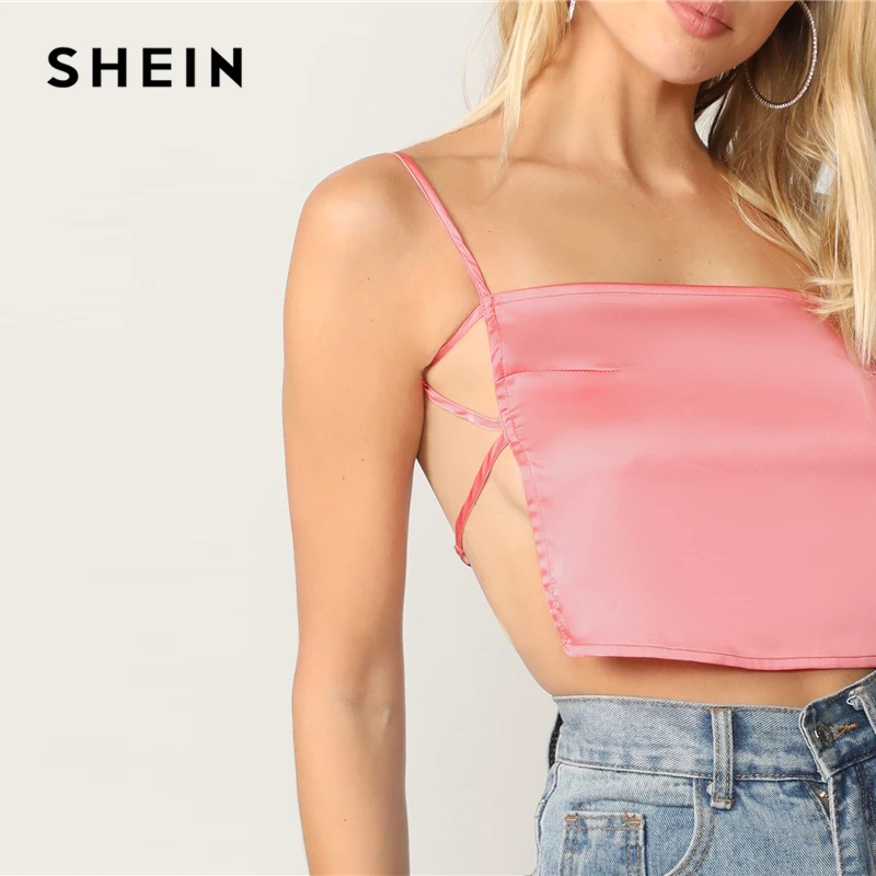 SHEIN топ на бретельках с открытой спиной, Атласный топ на бретельках, женская одежда, летние топы на бретельках,, стильный розовый однотонный сексуальный жилет