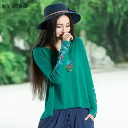 KYQIAO Мексика стиль Этническая темно зеленый черный оранжевый с длинным рукавом вышивка асимметричный блузка рубашка 2019 женские блузки blusa