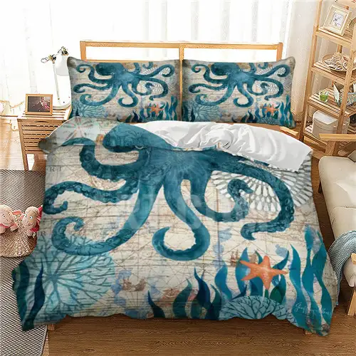 Cartoon Octopus Pattern Bedding Set Full Queen Single Sizes Ocean