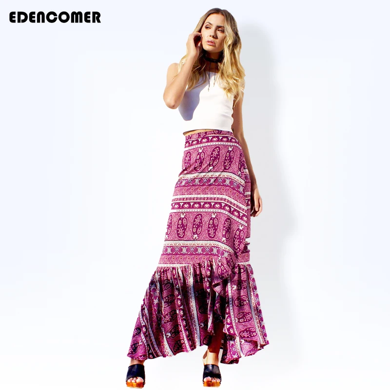 

Irregular Long Skirts Women 2017 New Bohemian Style Split Long Skirts Ruffles Hem Boho Printing Beach Skirts Female Purple