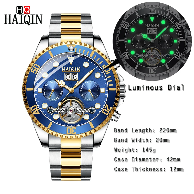 HAIQIN ووتش توربيون الرجال التلقائي الميكانيكية ووتش العلامة التجارية الفاخرة ساعة اليد العسكرية رجل رياضة ساعة Relogio Masculino
