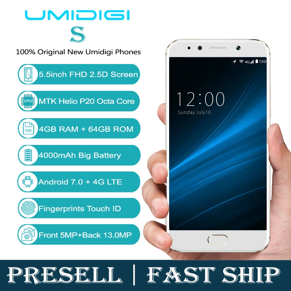 В наличии umidigi S Android 7.0 смартфон МТК p20 Octa Core 5.5 дюйма HD Экран 4 г Оперативная память