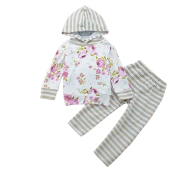 

Infant Newborn Baby Kleding Suit Floral Hooded Tops Striped Sweater Striped Pants 2pc Children Clothing Sets