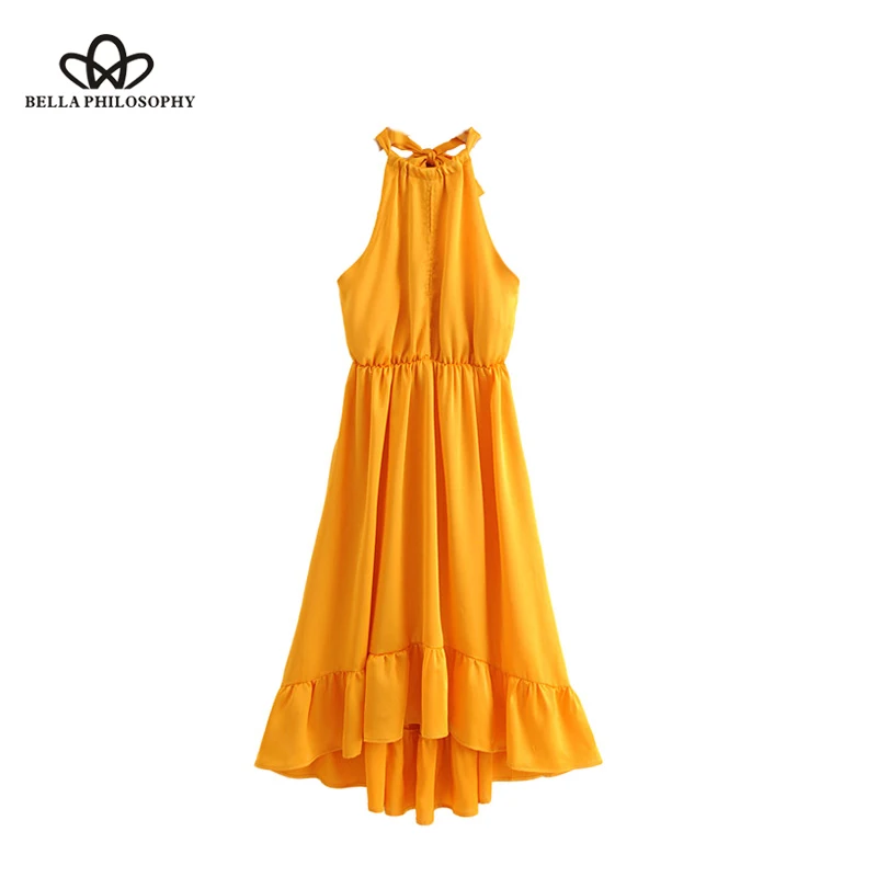 

Bella Philosophy sexy halter sleeveless midi dress backless bow tie elastic waist pleated female streetwear dresses Vestidos