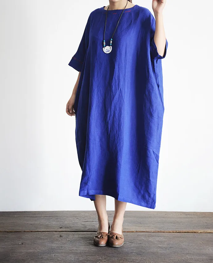 Для женщин летнее платье Лен синий лидер ручной рубашки-поло для детей, хлопковые с рукавами «летучая мышь» ультра свободное платье art Большой халат в стиле «mori N011