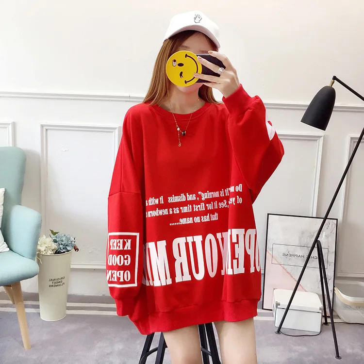 

#4814 Autumn Batwing Sleeve Sweatshirt Harajuku Large Size Long Pattern Student Loose Hip Hop Hoodies Women Red/Black/White Tide