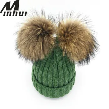 

Minhui New Real Mink Fur Pompom Hat Women Winter Caps Knitted Wool Cotton Hat Two Pom Poms Skullies Beanies Bonnet Female Cap