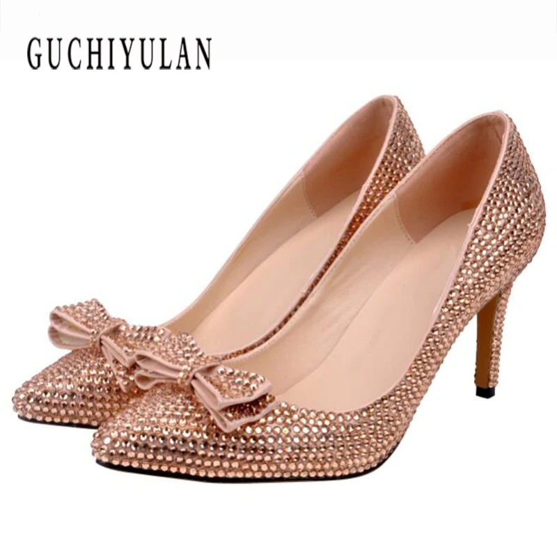 

Summer Glitter Sexy Bridal Wedding Shoes Women 8CM Pumps Genuine leather Stiletto High Heel Pointed Toe Crystal Ladies Sandals