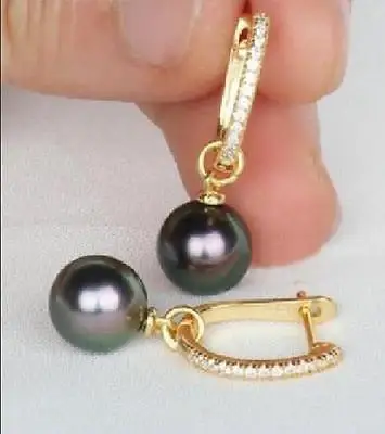 

natural round 10-11mm South Sea Black Pearl Earring new styld yellow hook @