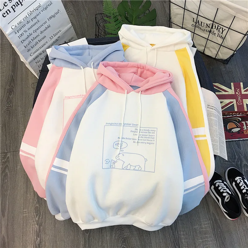 

Sweet Women's Hooded Pullover Fall Polar Bear Patchwork Cute Loose Hoodie Sweatshirt Girls 2018 Autumn 4 Colors
