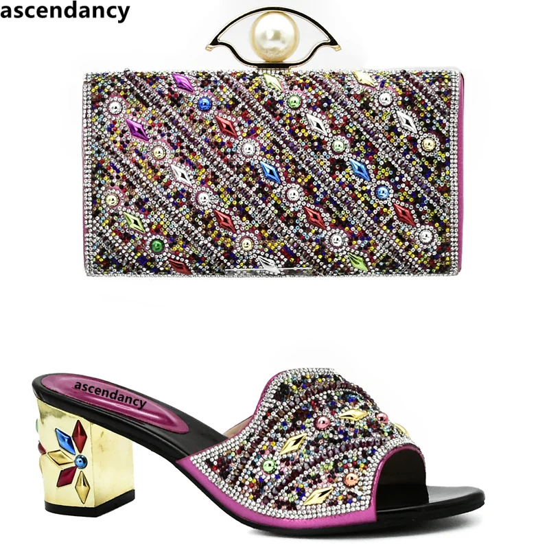 

New Arrival Fuchsia Color Sales In Women Matching Shoes and Bag Set Decorated with Rhinestone Nigerian Party Shoes and Bag Sets