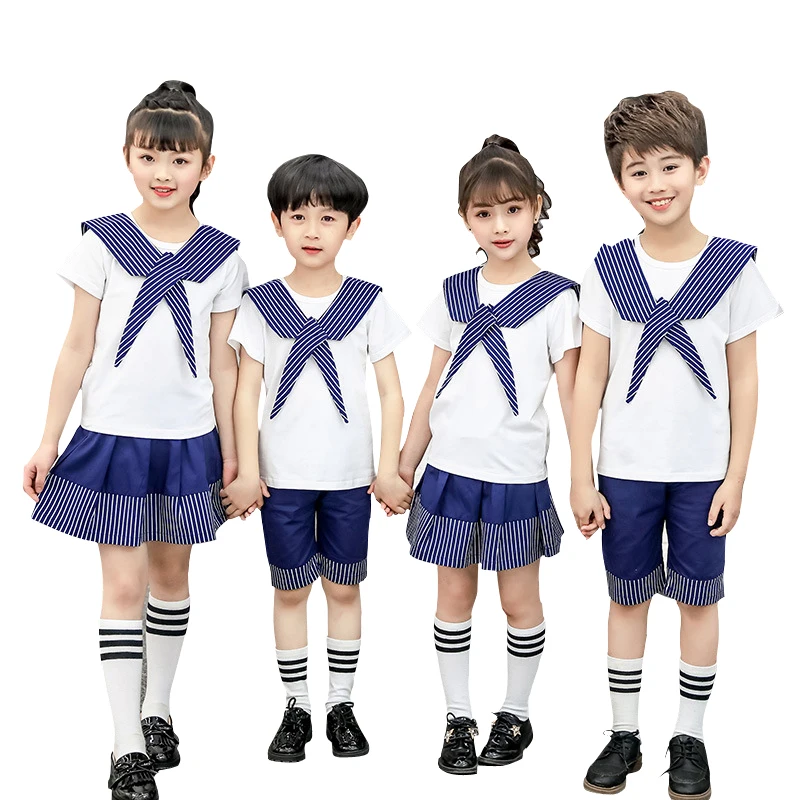 

school outfits children's clothes age for 3 - 20 yrs kids navy blue stripes 2 pcs sets short-sleeve+pants baby boys girls sets