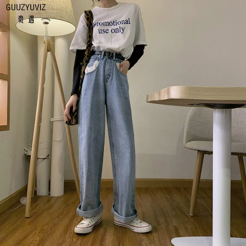 

GUUZYUVIZ Vintage Jeans Mujer High Waist Loose Denim Jeans Women Blue Wide Leg Pants