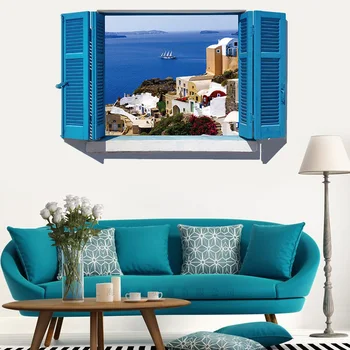 

Window scenery Mediterranean Aegean Sea 3D Wall Sticker PVC Material removable wall Poster For Living room bedroom Home Decor