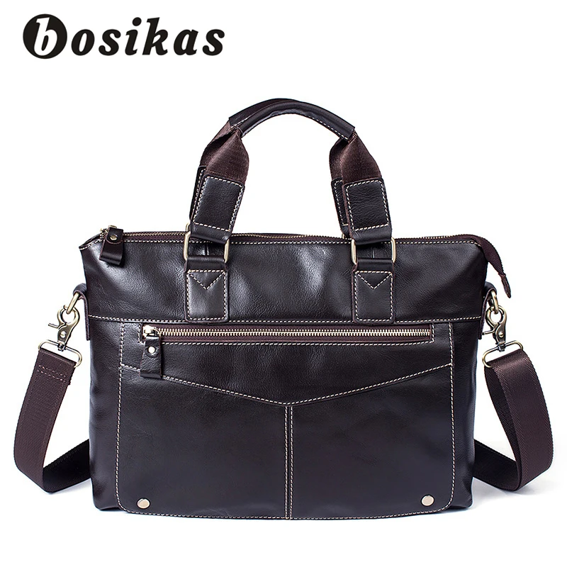 

BOSIKAS Men Briefcase Business Travel Briefcase Laptop Handbag Messenger Zipper Shoulder Laptop Bags Genuine Leather Solid Bag
