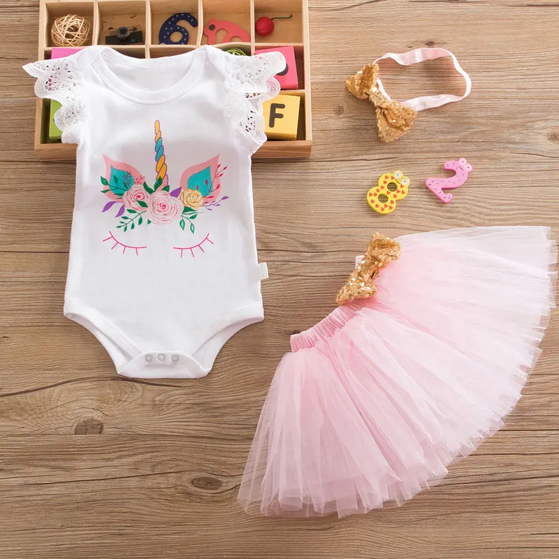 Детская одежда для девочек Лето единорог с юбкой-пачкой, платье кроя принцесса, до 1 года; платье на день рождения для малыша одежда для девочек до года; платья повязка на голову Vestidos - Цвет: Pink