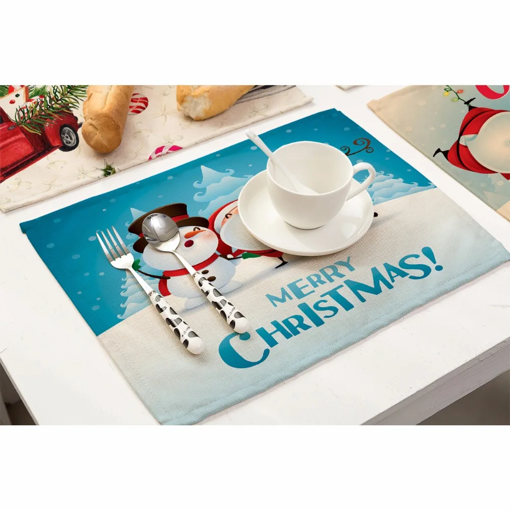Miracille 2/4/6pieces Set Cotton Linen Placemats Merry Christmas Printed Home Decorative Table Mat Kitchen Accessory Coffee Mat